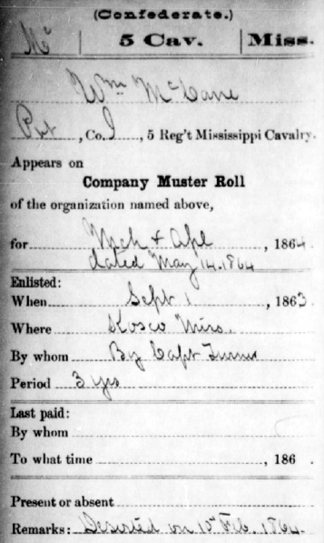 NARA card file for Wm A. McCain